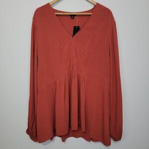 NWT Torrid Burnt Orange Esther Babydoll Top Sz 2X Long Sleeves V-Neck Flowy Fall